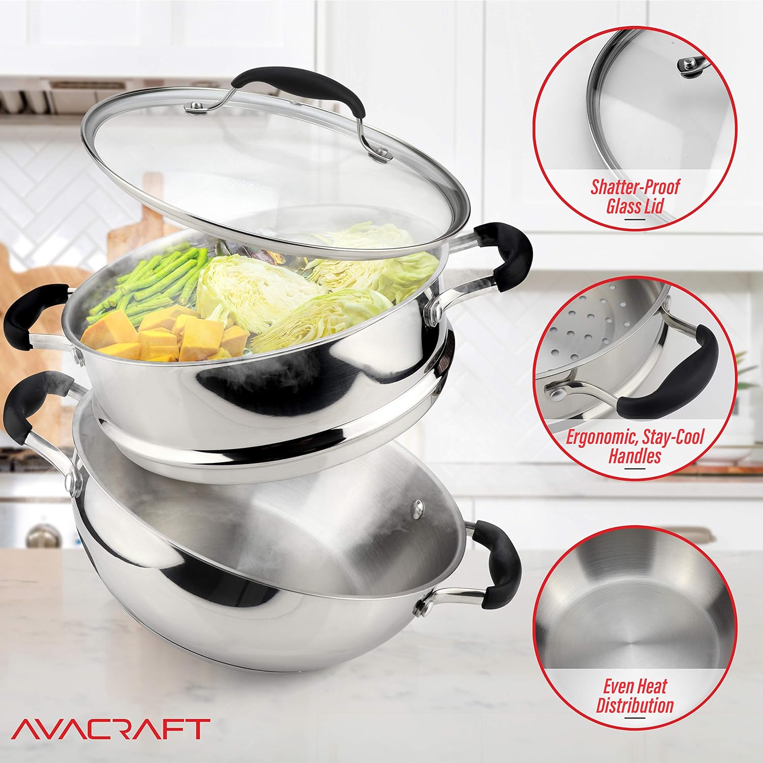 AVACRAFT 18/10, 3 Piece Stainless Steel Steamer Cooking Pot Set, Steamer for Cooking, Everyday Pan, Steamer Pan Set, with Glass Lid, Induction Cooktop Pan: Kitchen & Dining