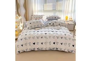 BlueBlue Hearts Kids Duvet Cover Set Queen 100% Cotton Bedding for Boys Girls Teens Cartoon Black White Heart Love Pattern 1 Cute Full Comforter Cover 2 Pillow Shams (Queen)