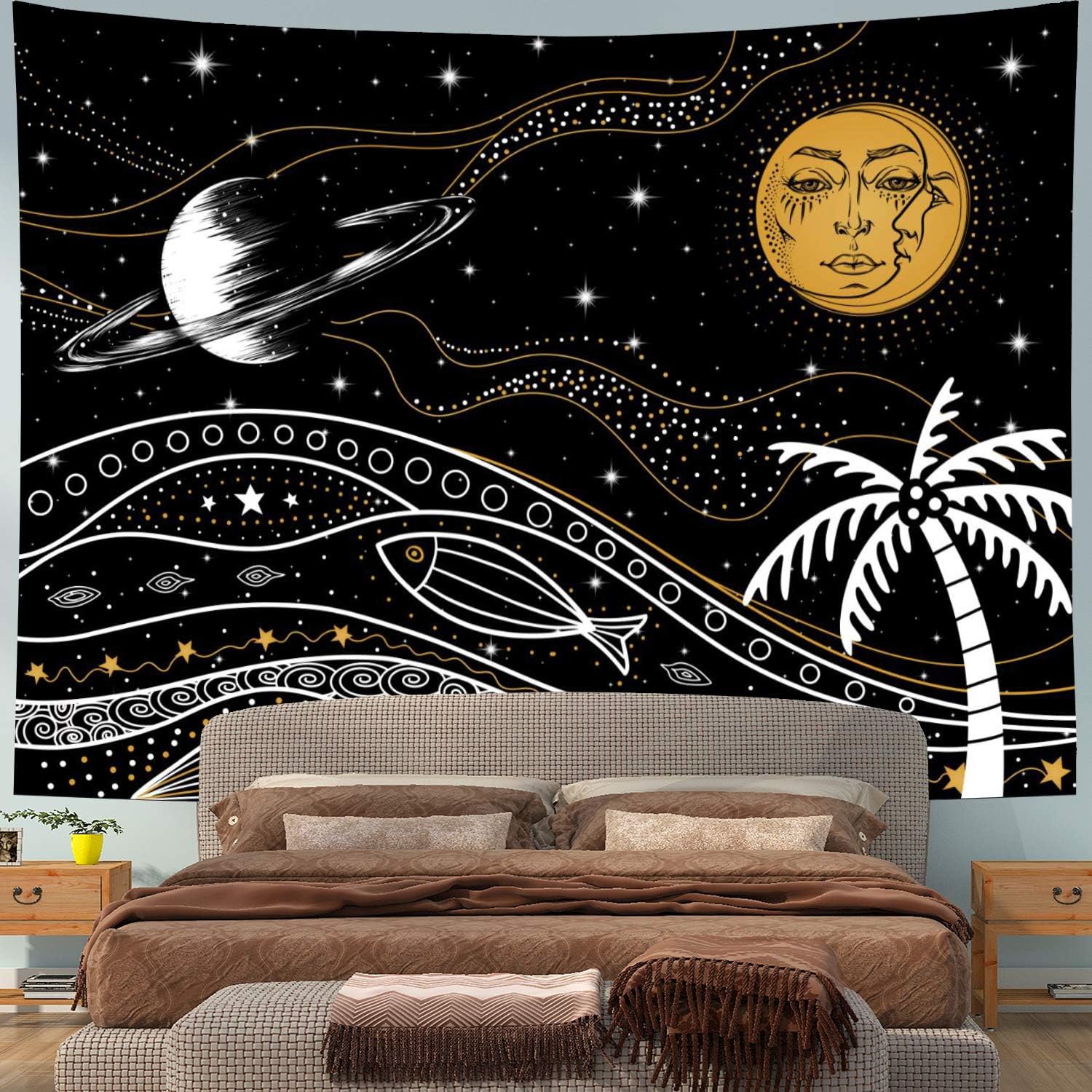 Prabahdak Moon and Sun Tapestry Coconut Tree Tapestry Starry Sky Tapestry Planet Tapestry Psychedelic Tapestry Hippy Celestial Tapestry Wall Hanging for Bedroom Living Room Dorm(H59.1×W78.7 inches)