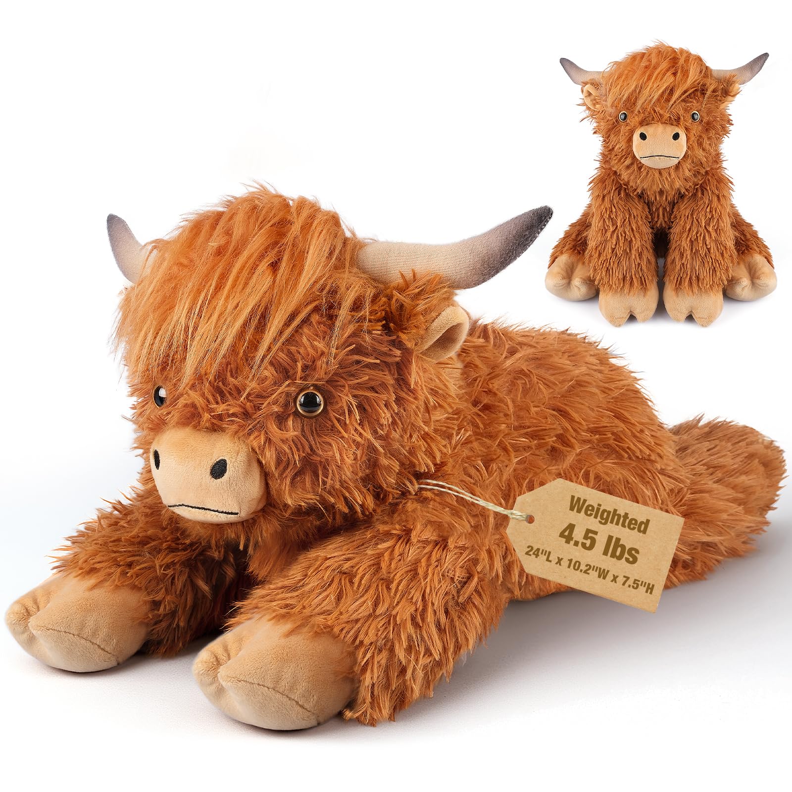 Photo 1 of 24" & 4.5 lbs Highland Cow Weighted Stuffed Animal, Adjustable Sitting & Laying Plush Toy Pillows with Removable Ceramsite Bag for Companion, Cuddly & Soft Gifts for Adults, Kids, Boys and Girls