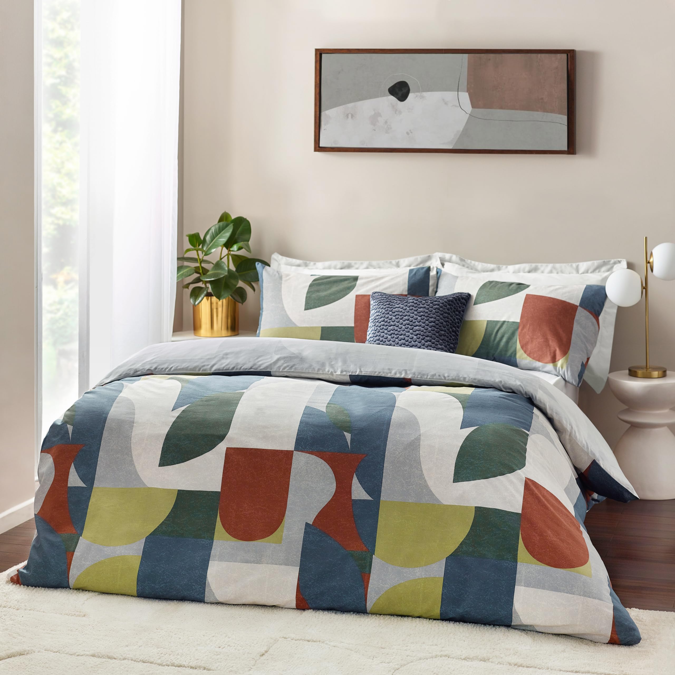 furn. Siresa Geometric Duvet Cover Set – Reversible Cotton Blend Modern Design (Multicolour – Super King)