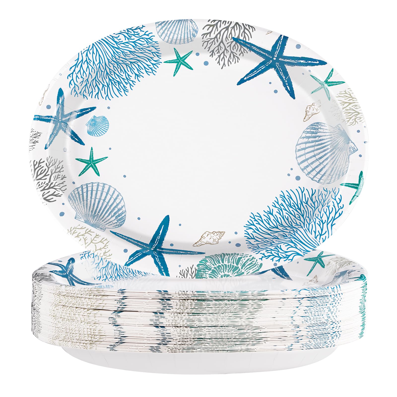 Photo 1 of 50Pcs Ocean Oval Paper Plates 10" x 12" Large Disposable Heavy Duty Blue Coastal Coral Starfish Seashell Paper Platters Beach Sea Dessert Plates for Spring Summer Lunch Dinner Birthday Party Supplies