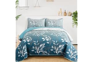 Anibedding Gradient Blue Queen Quilt Set, 3 Pieces Floral Ombre Blue White Bedspread Coverlet Set, All Season Lightweight & Soft Micorfiber Bedding Set for Women Men (96"×90")