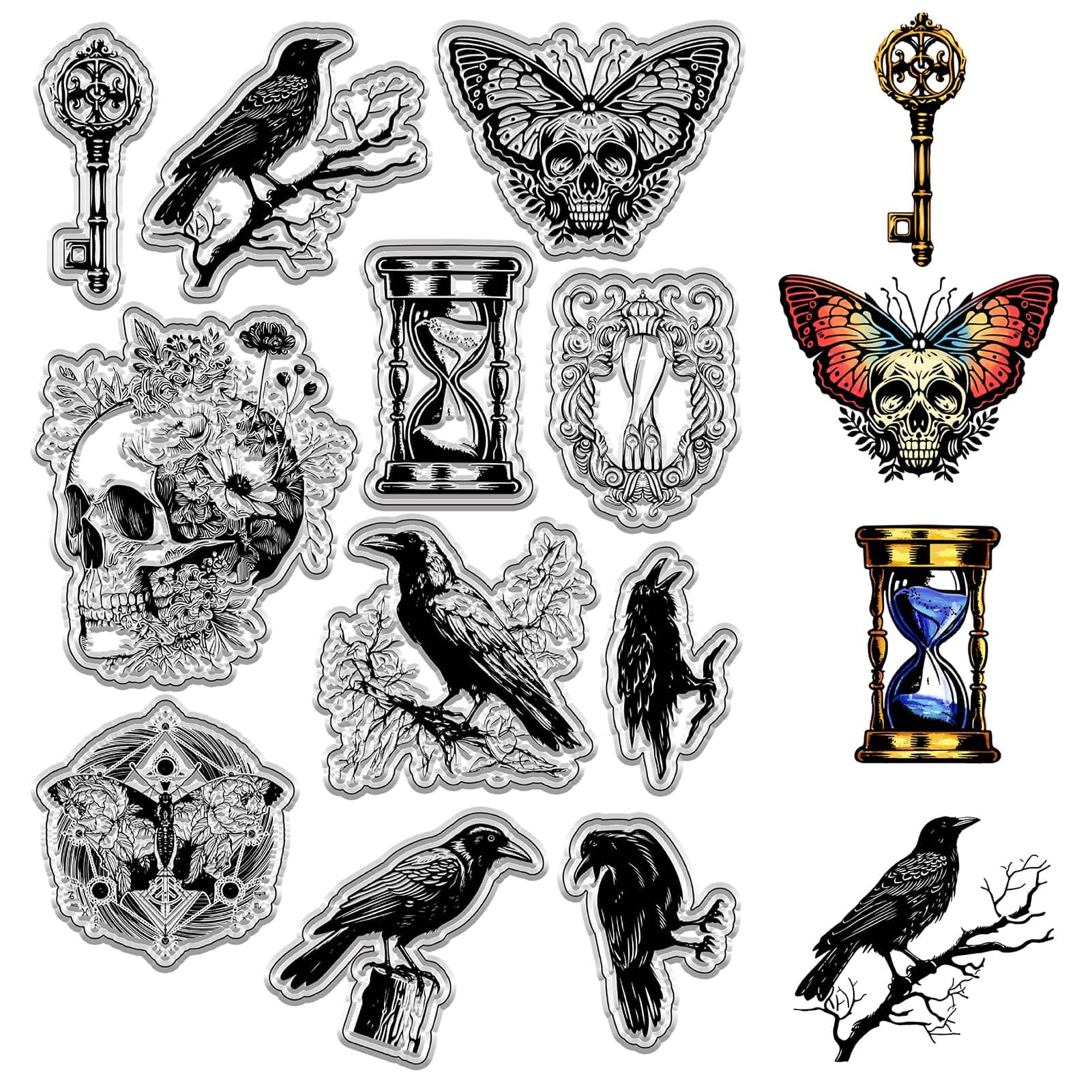 CRASPIRE Crow Clear Rubber Stamps Skull Moths Flowers Skulls Hourglass Keys Gothic Vintage Transparent Silicone Stamp Seals for Journaling Card Making Handmade Photo Album Notebook Decor Scrapbooking