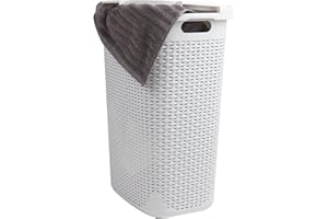 Mind Reader Slim Laundry Hamper with Lid, 60L Clothes Basket, Premium Wicker Design, Plastic, White