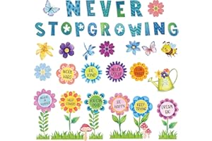 Moinchore 90 Pcs Spring Bulletin Board Decorations for Classroom Flowers Bulletin Board Set Never Stop Growing Cutouts Inspirational Quotes Cards Wall Decals School Chalkboard Supplies (Watercolor)