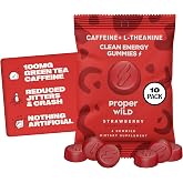 Proper Wild Clean Energy Gummies and Chews for Focus, Strawberry, 10-Pack | Reduced Jitters, 100mg Natural Caffeine Gummies with L-Theanine, Plant-Based, No Artificial Sweeteners, Reduced Crash
