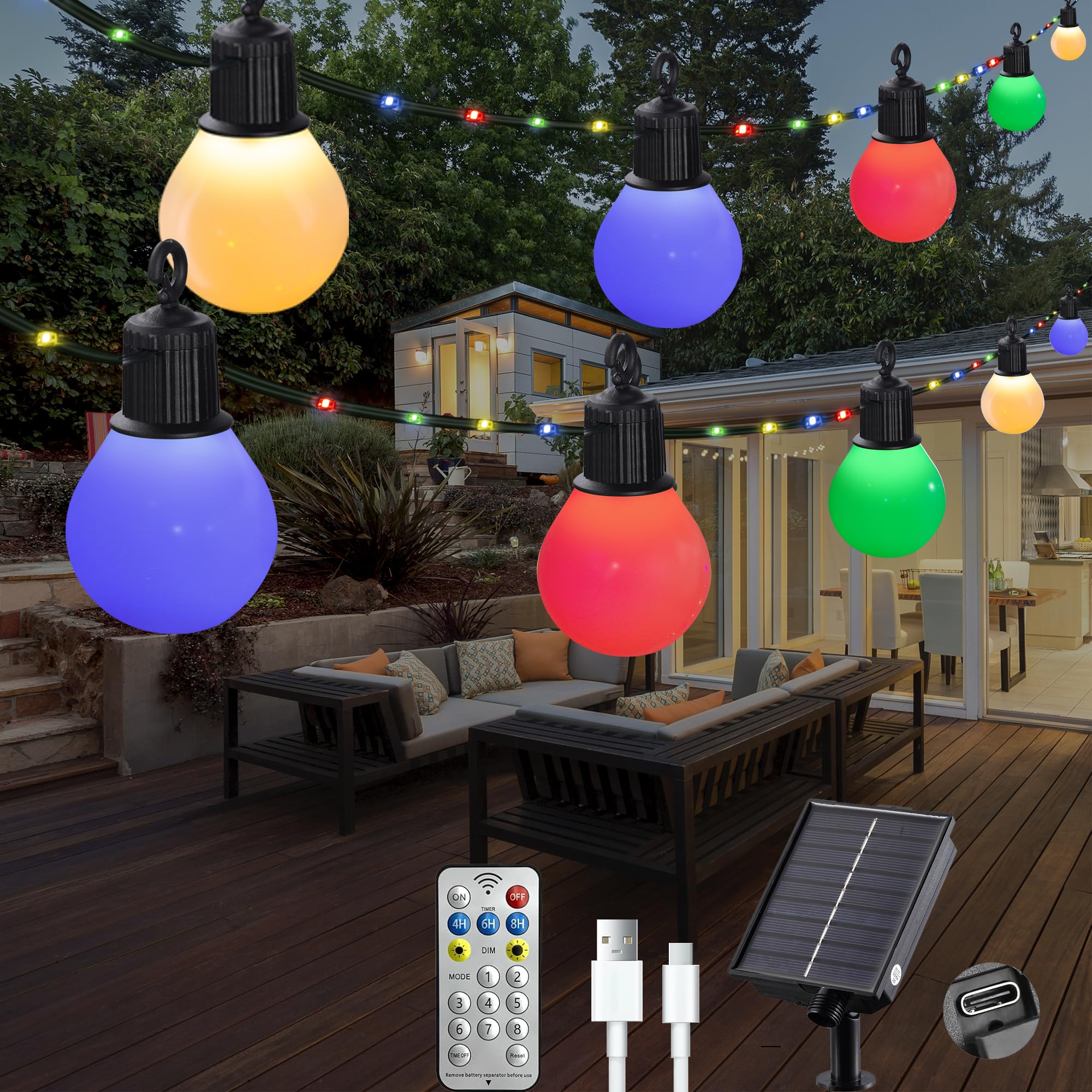 Litark Solar String Lights Outdoor with 20 Shatterproof G40 Bulbs - 32.8Ft/10m 100 LED Soalr Fairy Lights with Remote, USB Port, 8 Modes Waterproof, Garden Yard Camping Decor - Multicolor