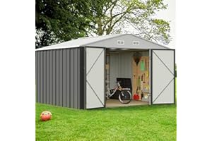 GUNJI 10 x 8 FT Shed Outdoor Storage Shed Metal Garden Shed with Lockable Door Outside Waterproof Tool Shed for Backyard, Patio, Lawn (Gray)