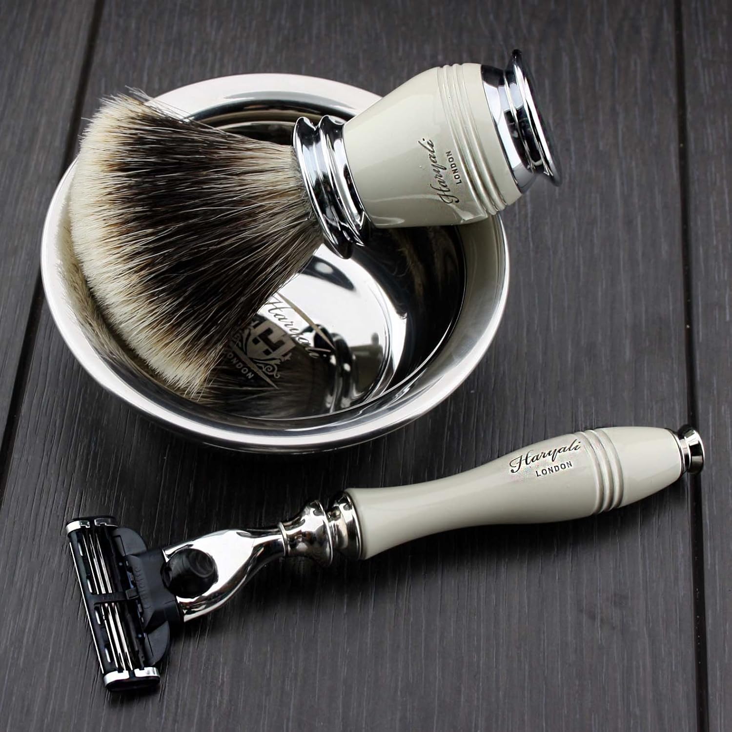 Shavig Set Men 4 Pieces, Badger Hair Silver Tip Brush, 3 Blade Cartridge Razor, Stainless Steel Stand & soap Bowl - Image 5