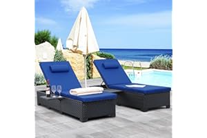 WAROOM Outdoor Chaise Lounge Chair PE Wicker Patio Furniture Set of 2 Black Rattan Pool Lounge Chairs Adjustable Backrest Recliners with Royal Blue Cushion