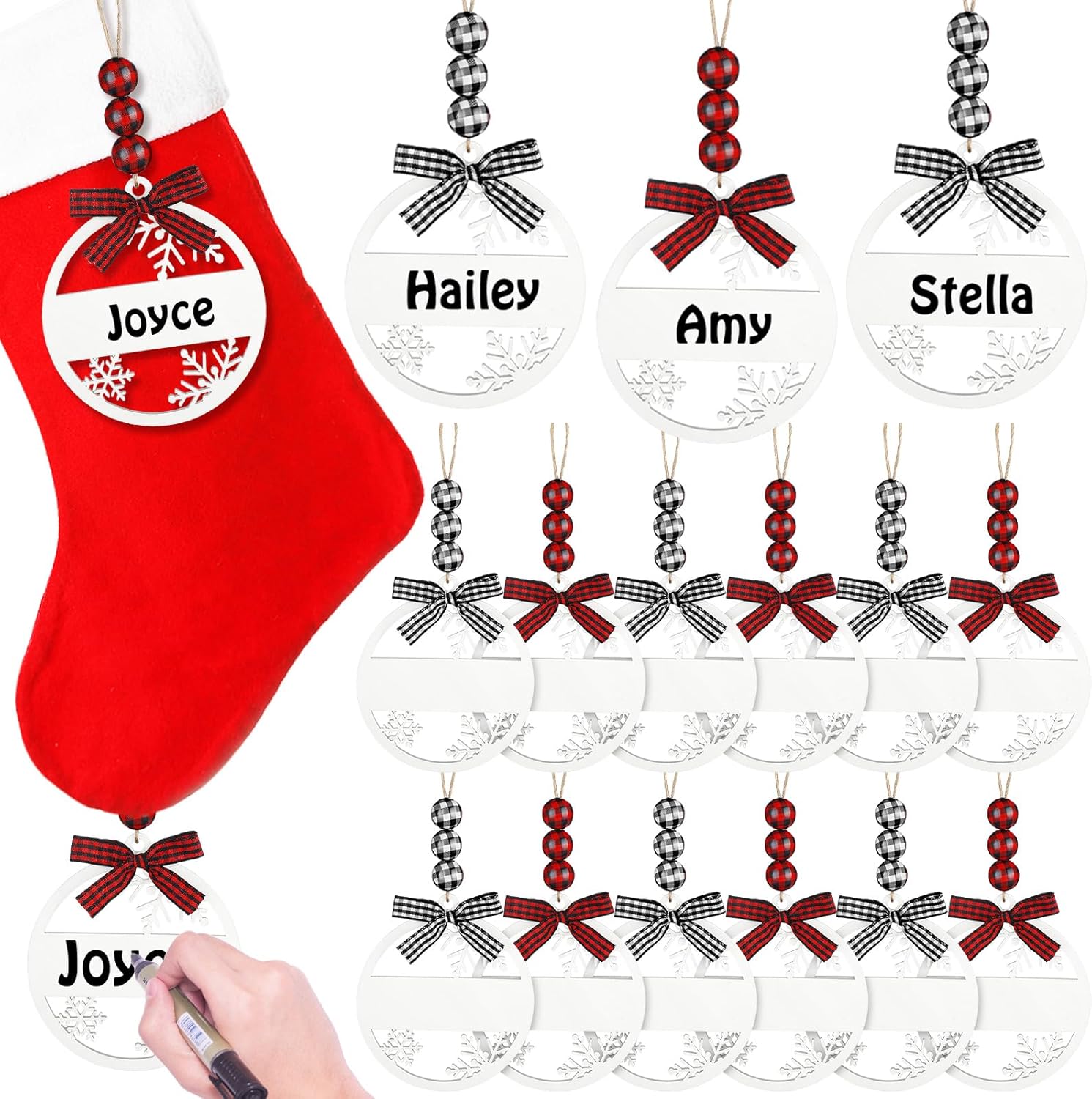 Stockings & Holders - 12 Pcs Snowflake Christmas Stocking Name Tags Wooden Christmas Buffalo Plaid Hanging Ornament Rustic Wood Christmas Tree Ornaments (Black White Plaid, Red Black Plaid, White)