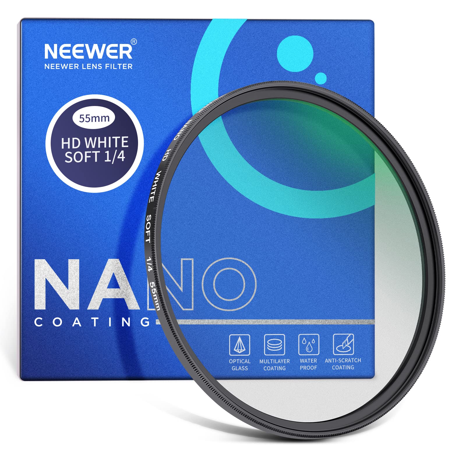 NEEWER 55mm Soft White Diffusion 1/4 Filter Mist Dreamy Cinematic Effect Filter, Ultra Slim Water Repellent Scratch Resistant 30 Layer Nano Coated HD Optical Glass for Video/Vlog/Portrait Photography