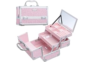 FRENESSA Makeup Case Organizer Portable Makeup Train Case Cosmetic Box with Mirror Jewerly Tray for Girls Nail Supplies Make Up Cases Organizers and Storage Kids Craft Case Pink