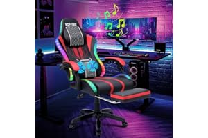 HOFFREE LED Gaming Chair Massage with Speakers Game Chair Big and Tall with Footrest Gamer Chair for 400lbs Computer Desk Chair for Adults Red and Black