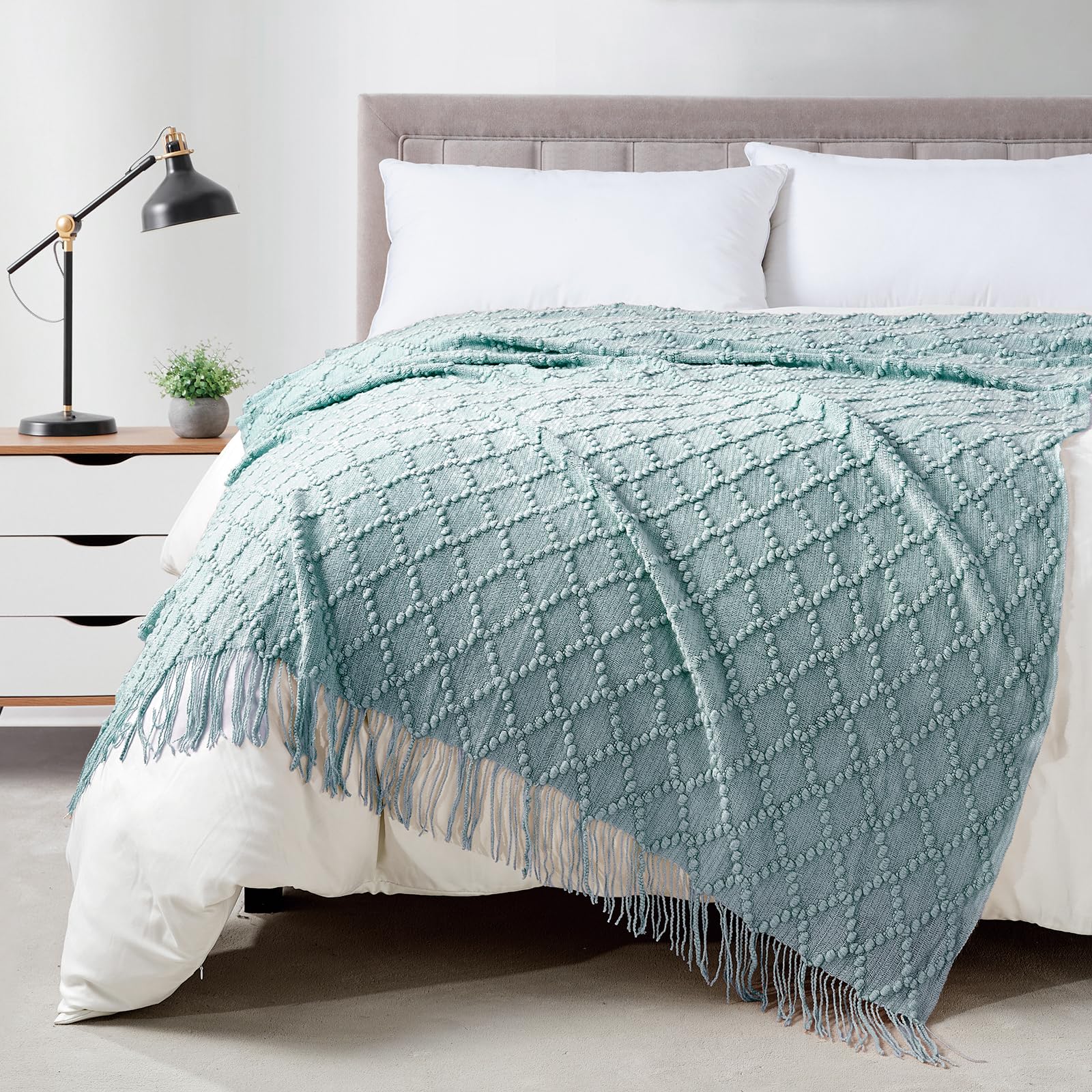 BOURINA Throw Blanket Textured Solid Soft Throws and Blankets for Sofa or Bed Knitted Decorative Blanket 127x178cm Aqua