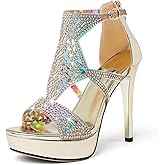 Eldof High Heeled Sandals for Women, Open Toe Strappy Platform Sandals, Cutout Gladiator Heels with Rinestones, Pumps Shoes for Dress Party Evening Summer