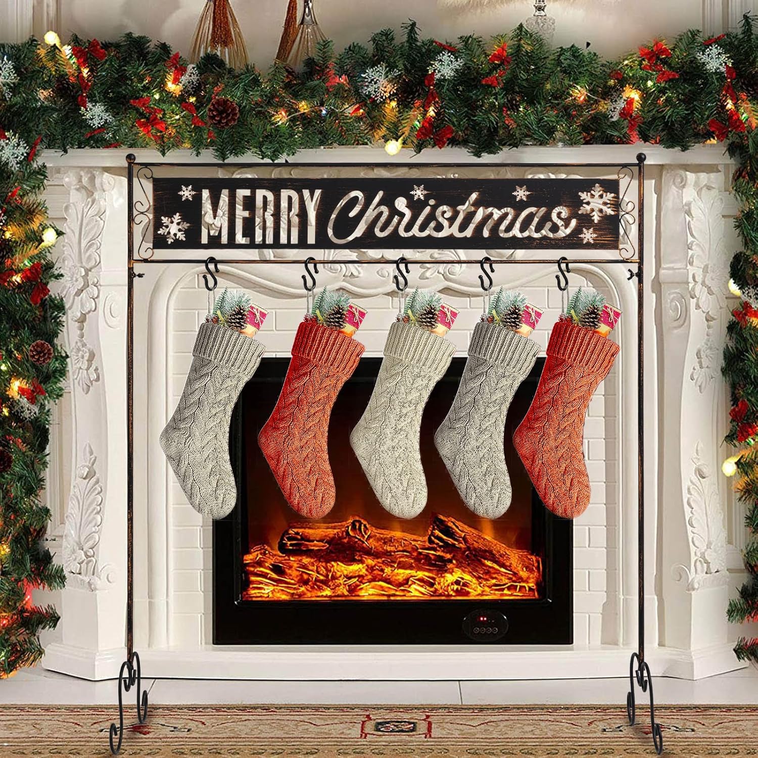 Stockings & Holders - YEAHOME Christmas Stocking Holder Stand, Merry Christmas Openwork Snowflake Metal Hanger with 5 Non-Slip Hooks, Both Sides with Carved Pattern Christmas Decorations for Fireplace Living Room