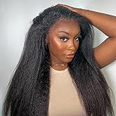 Kinky Straight Half Wig Human Hair 200 Density 3 In 1 Seamless Flip Over Half Wigs Human Hair Glueless Wear and Go Beginner Friendly Kinky Straight Wig Hair Drawstring Headband Wig for Women 26 Inch