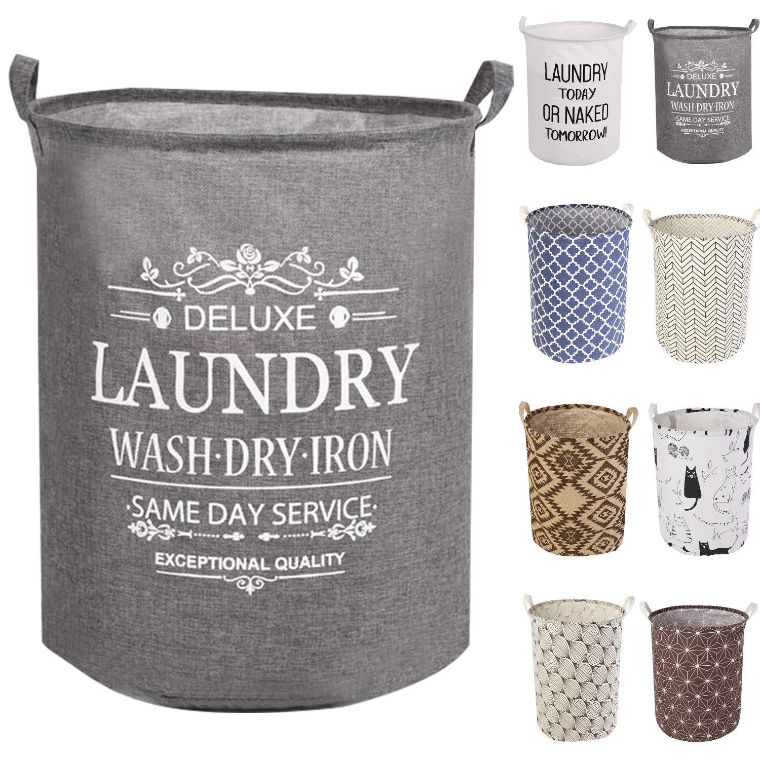 LessMo 19.7" Laundry Hamper, Collapsible Storage Basket With Easy Carry Handles, Waterproof Round Cotton Linen, for Baby Products, Toys, Bedroom Hamper Deluxe