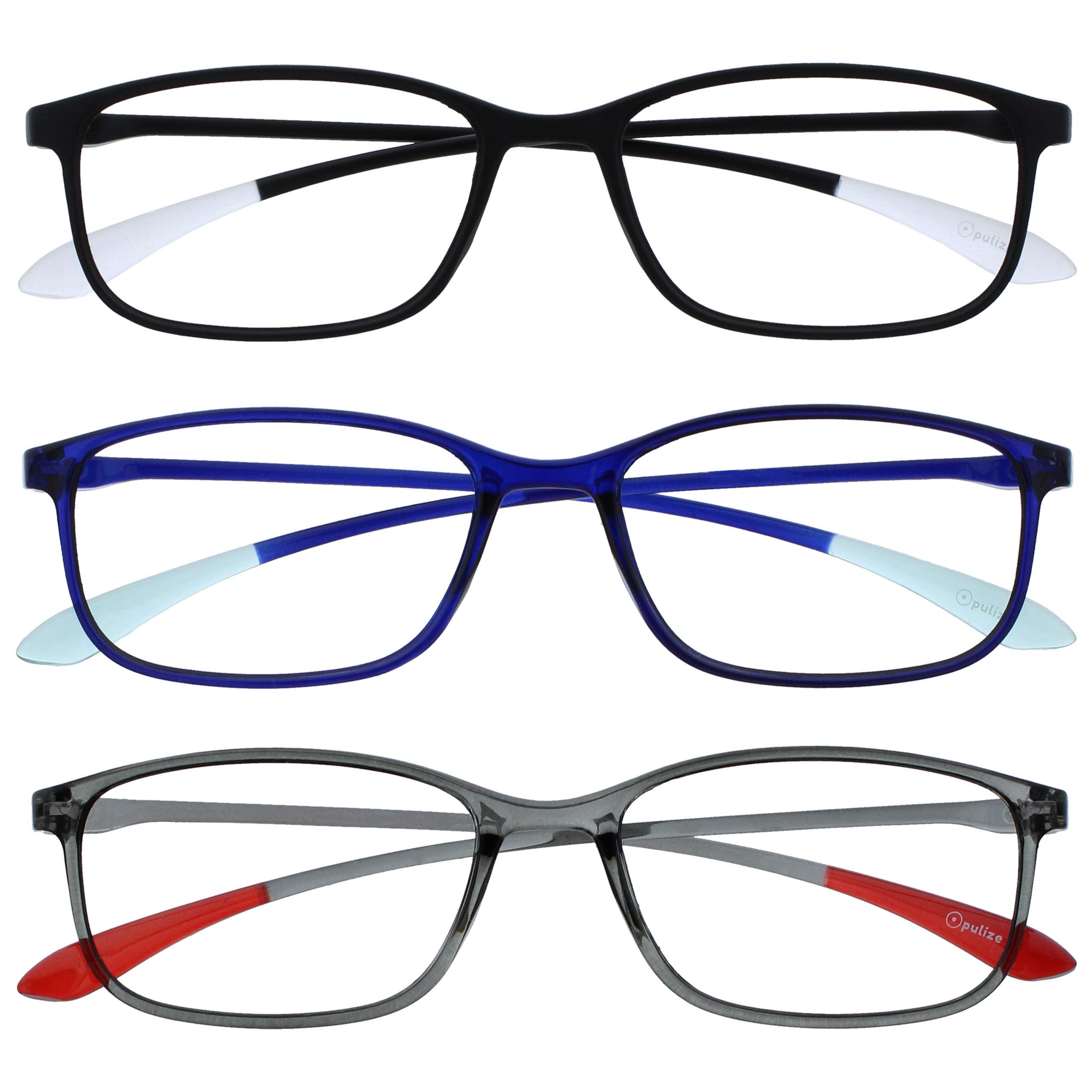 OPULIZE Ice Reading Glasses 3 Pack Ultra Lightweight Scratch Resistant Black Blue Grey Frame Mens Womens RRR61-137 +2.50 — image 1