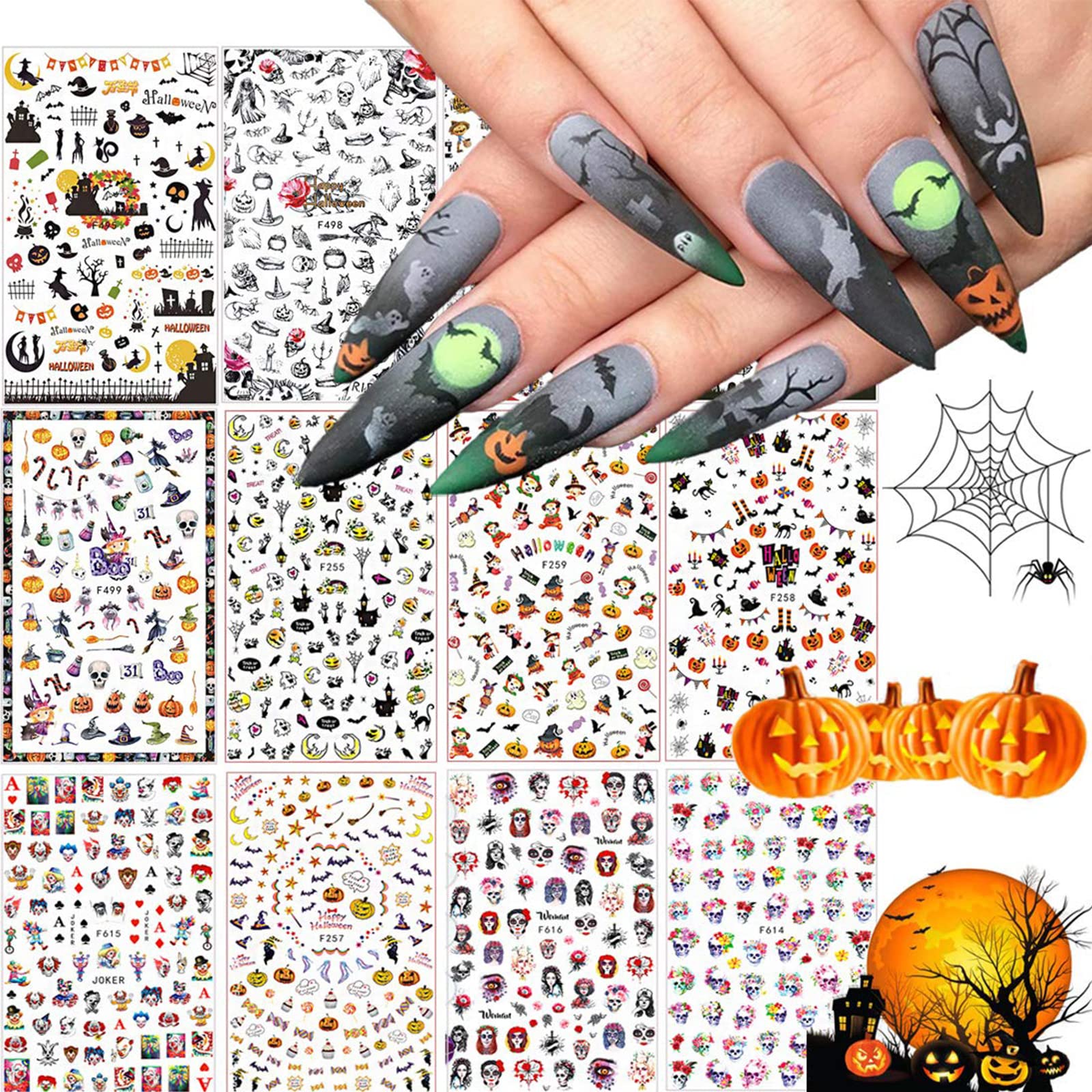 Kalolary 12 Sheets Halloween Nail Art Stickers Decals, DIY Self-Adhesive Nail Sticker Decals Nail Art Tips Stencil Nail Decorations for Halloween Party, Include Pumpkin/Bat/Ghost/Witch etc