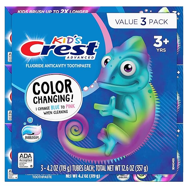 CREST ADVANCED KID’S FLUORIDE TOOTHPASTE, BUBBLEGUM FLAVOR, 4.2 OZ, 3 COUNT, COLOR-CHANGING ANTICAVITY TOOTHPASTE