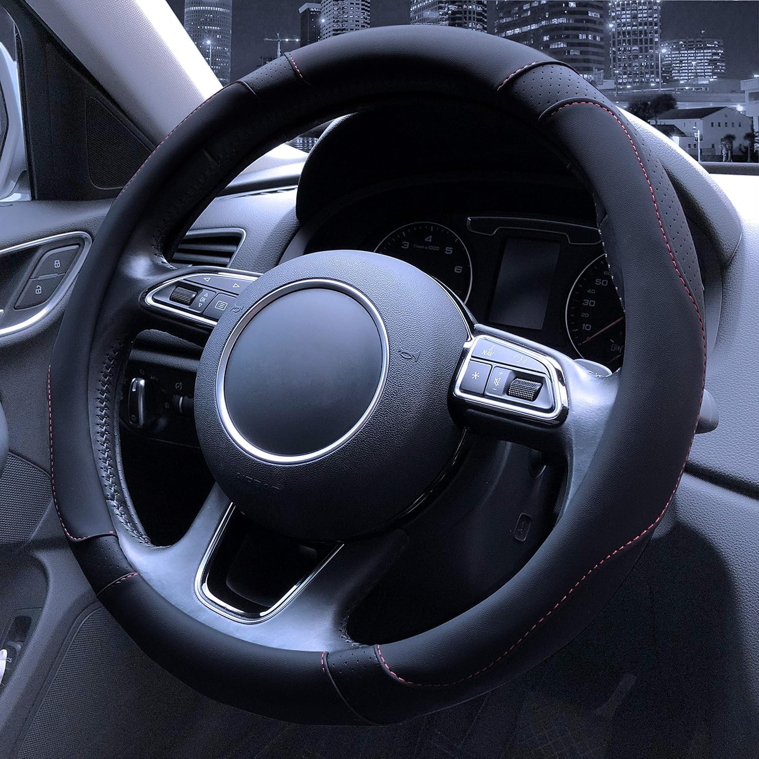 Istn Unisex's Sport Style Contrast Color Non-slip Sweat Good Breathable PU Leatherette 15 inch Car Steering Wheel Cover 38cm Black