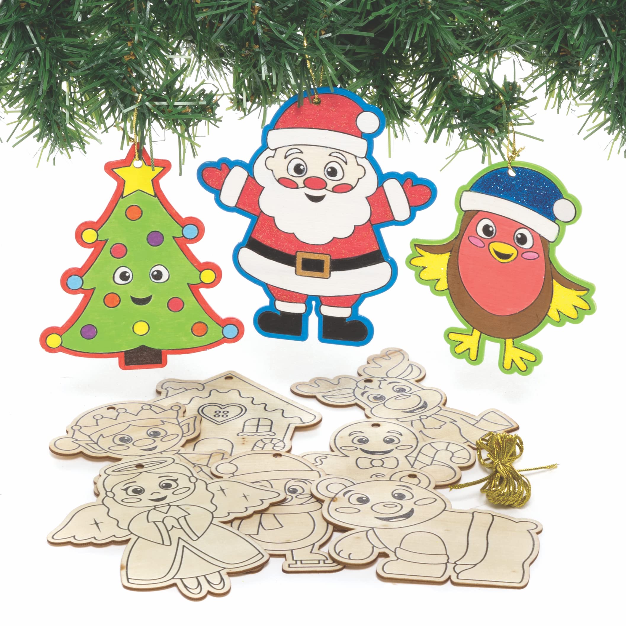 Baker Ross FC189 Christmas Wooden Decorations - Pack of 12, Wood Crafts for Kids, Christmas Ornaments to Colour In and Decorate