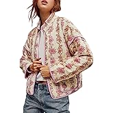 Wyeysyt Women's Cropped Quilted Jacket Floral Print Puffer Jackets Open Front Lightweight Jacket