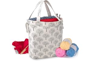 Teamoy Knitting Tote Bag with Drawstring Closure, Portable Yarn Storage Bag for Knitting Needles, Yarn Skein and Crochet Supp