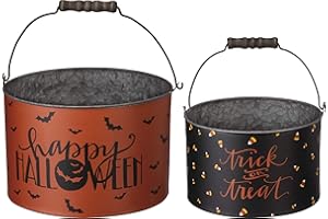 Primitives by Kathy Trick or Treat Set Halloween Metal Buckets, Set of 2, Orange, Black, Wood