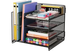 Gawerk Desk Organizer with File Holder, 4-Tier Paper Tray Organizer and 2-Section File Folder Magazine Holder for School Office Storage