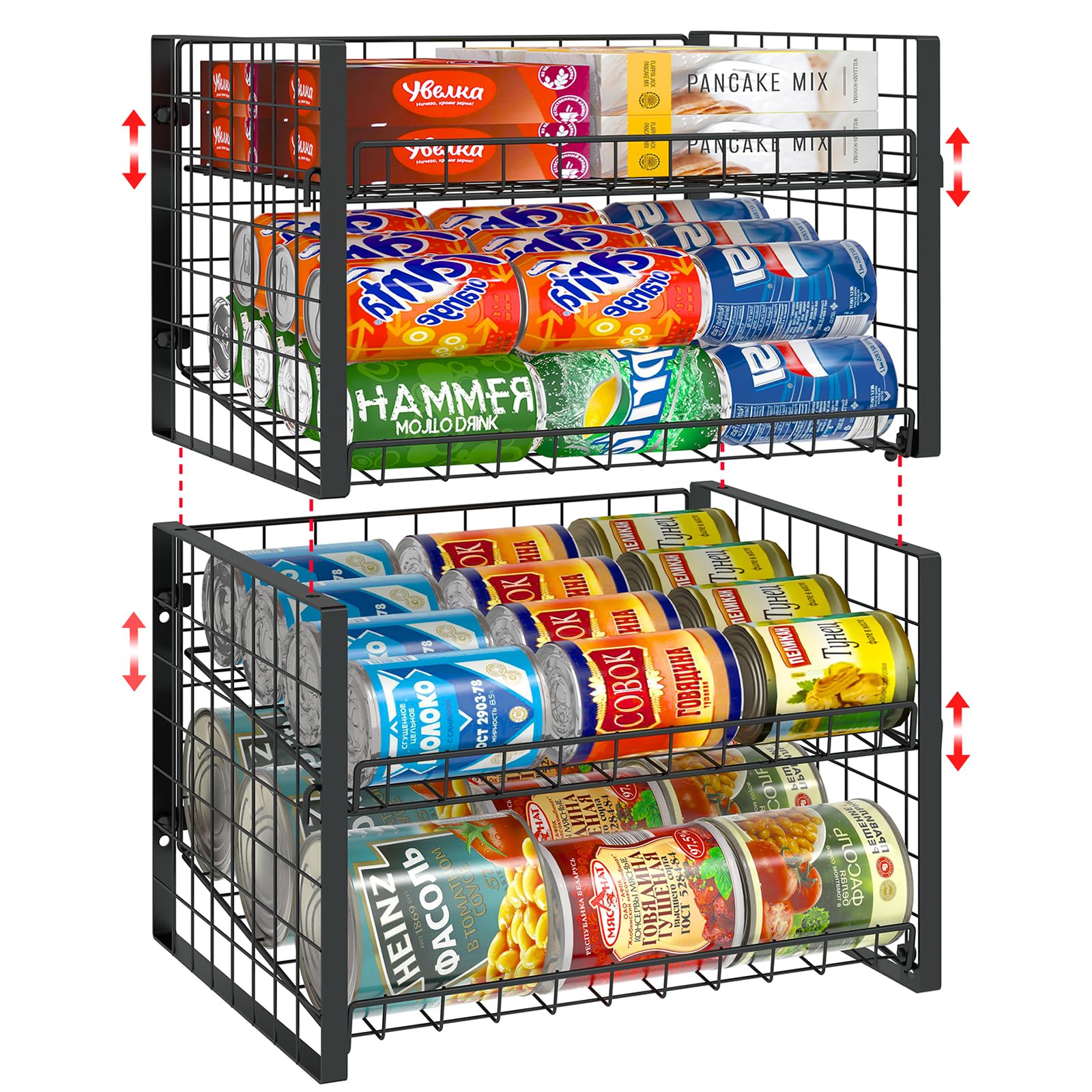 Photo 1 of JKsmart 2-Tier Stackable Can Rack Organizer for Pantry, Adjustable Can Dispenser Holds Up to 62 Cans, Can Storage Holder for Various Ounces of Canned Food Soda Drinks, Black, 2 Pack (Petent Pending)