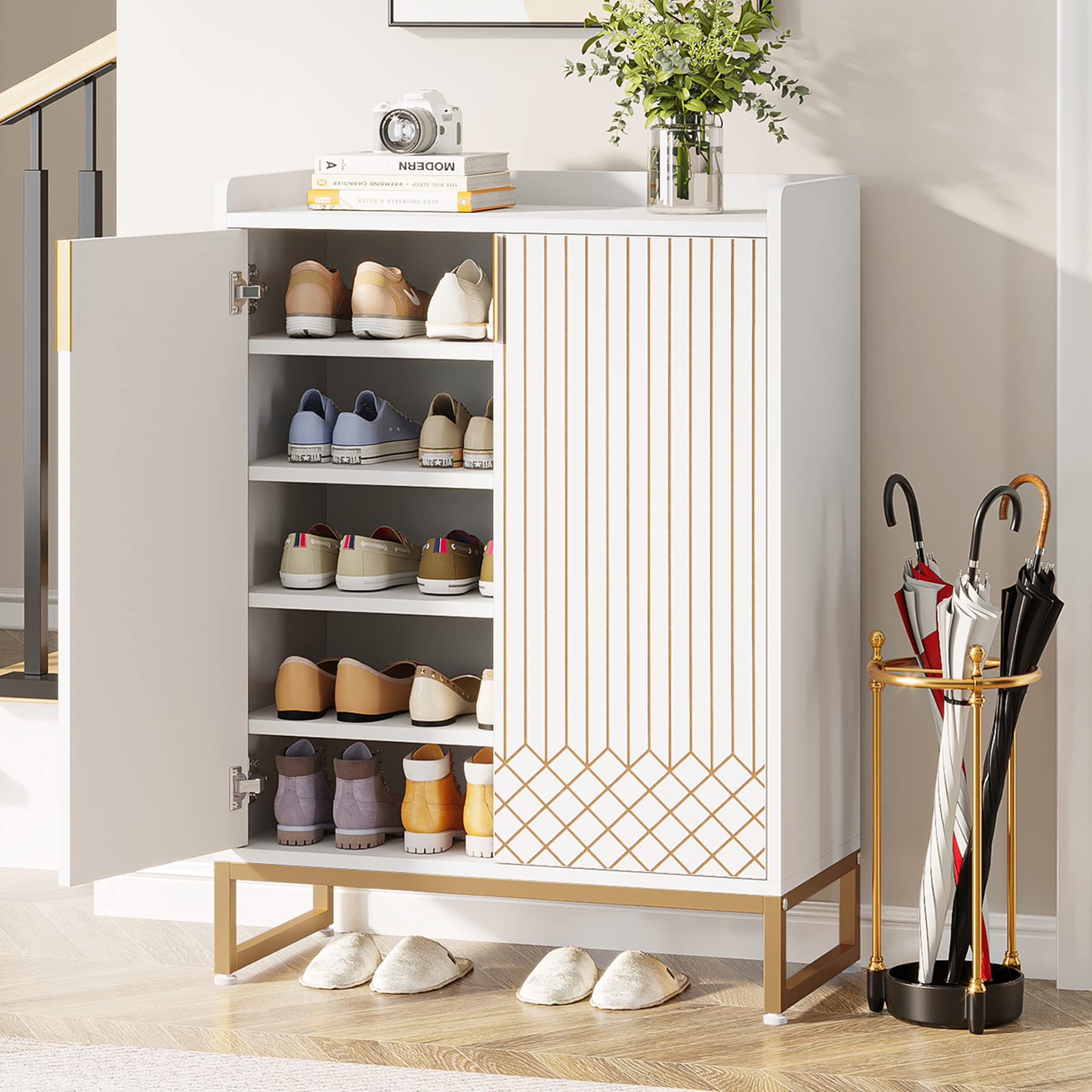 Photo 1 of **MISSING HARDWARE***Tribesigns Shoe Cabinet with Doors, 5 Tiers Shoe Storage Cabinet for Entryway, 25 Pairs Wooden Shoe Cabinets, Modern Shoe Organizer Storage for Living Room, Bedroom, Hallway, Closet, White