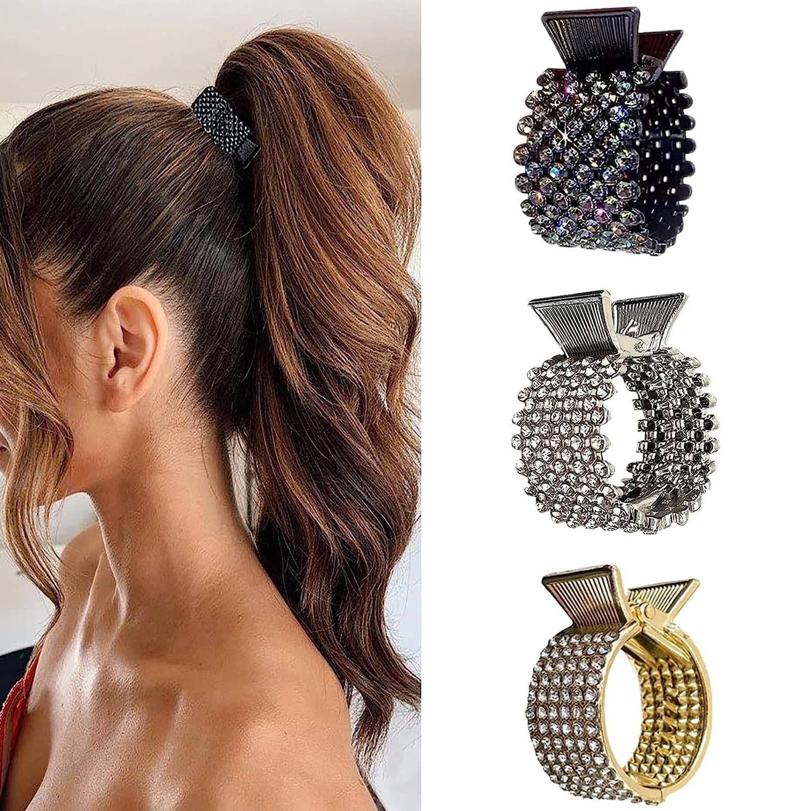 Women Small Hair Clips Barrettes Grips, 3 PC Hair Claw for High Ponytail Diamante Sparkly Hair Accessories Crystal Hairpins, Wedding Guest Everyday Wear Prom Party Ponytail Holder Women Girls Gift