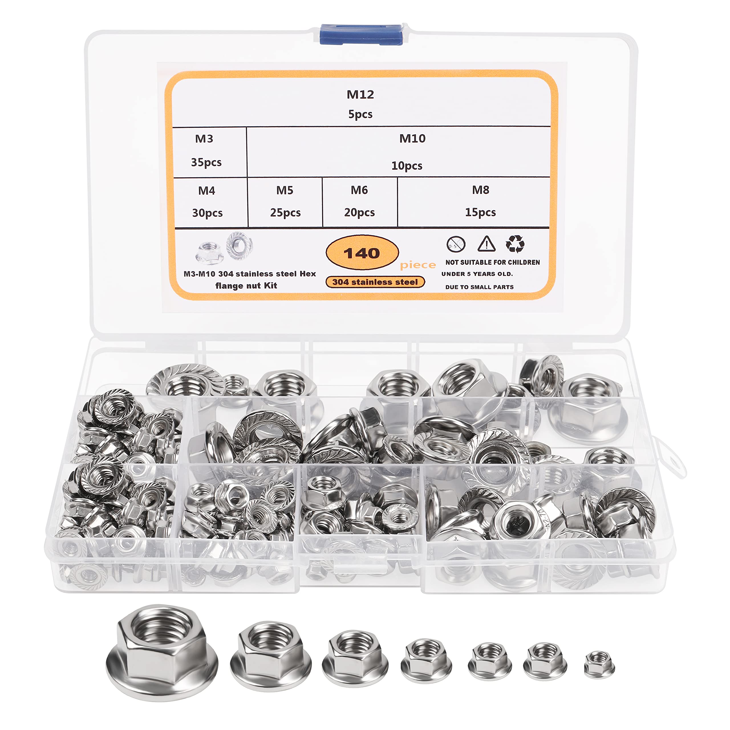 Belle Vous Stainless Steel Hex Flange Nuts (140 Pack) - M3, M4, M5, M6, M8, M10 & M12 - Hex Lock Nut Assortment with Storage Case - Serrated Flange Kit for Home Improvement