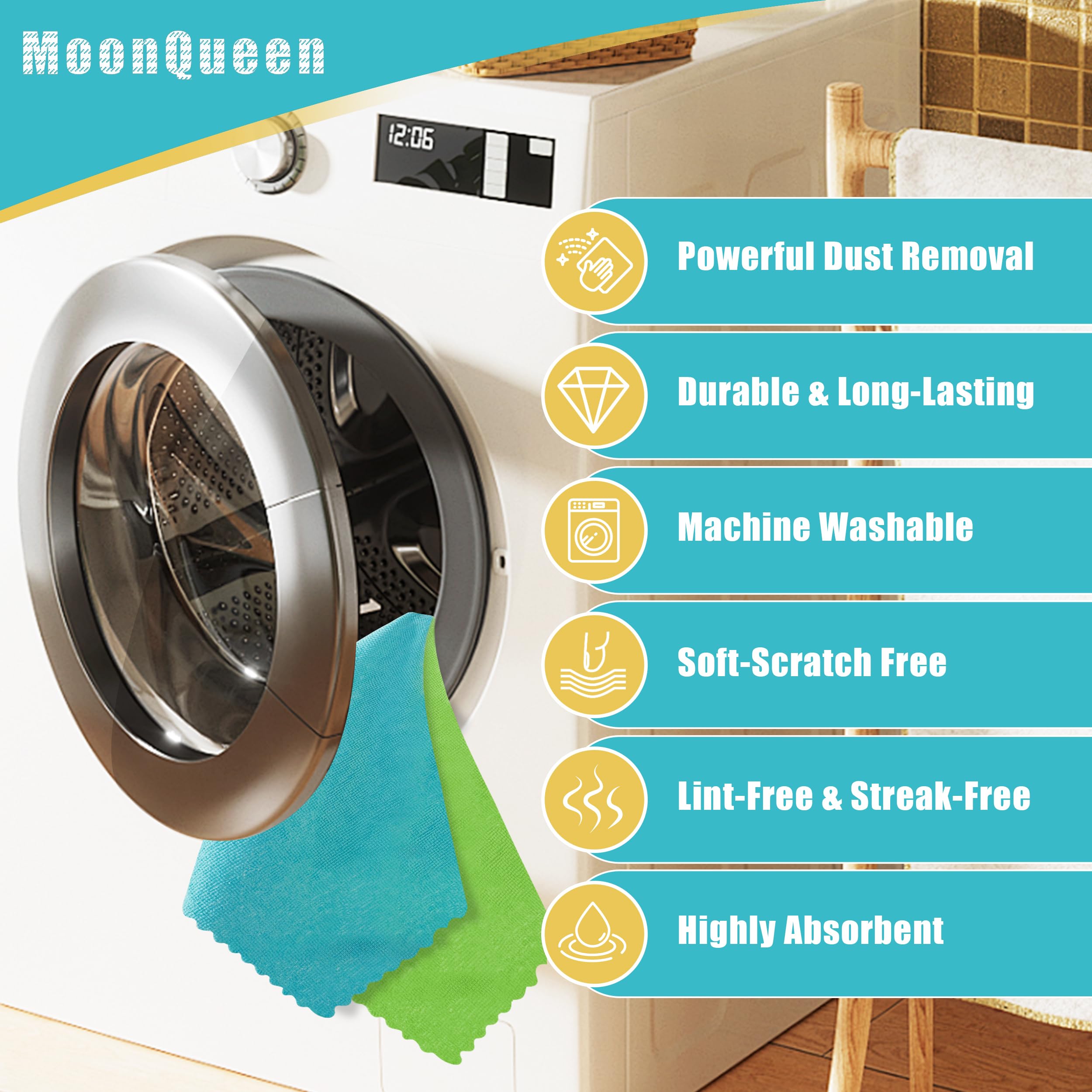 MOONQUEEN 12 Pack Microfiber Cleaning Cloth - Reusable Cleaning Rag, Fast Drying Cleaning Towels,12