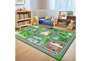 IWRJFQWR Car Rug Play Mat - Green Road Rug for Kids Boys Room, Fun Race Track Traffic Road Carpet for Boys Playmat Educational Learn, Car Carpet for Kids Room Decor Playmat Bedroom Playroom, 2.5x4 Feet