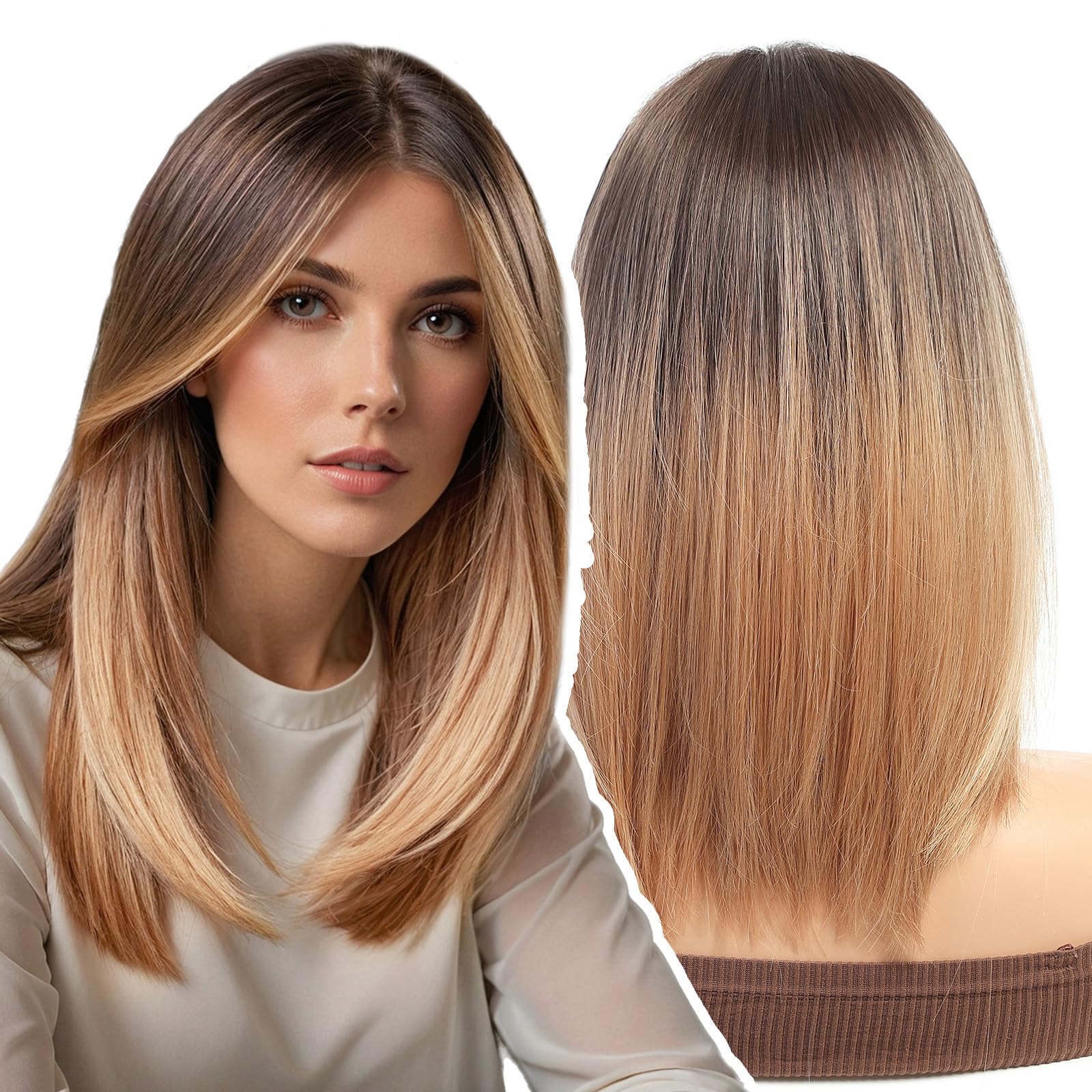 WOKESTAR Bob Wig with Fringe Short Ombre Champagne Blonde Color Wigs for Women, Bob Style Synthetic Heat Resistant Bob Wigs — image 1