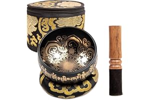 Tibetan Singing Bowl Set - 4" Easy To Play Authentic Handmade For Meditation Sound 7 Chakra Healing By HIMALAYAN BAZAAR (Black with Box, 4")