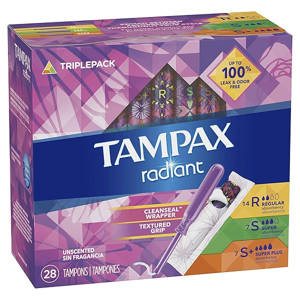 TAMPAX RADIANT TAMPONS TRIO PACK REGULAR/SUPER/SUPER PLUS ABSORBENCY, UNSCENTED, 28 COUNT