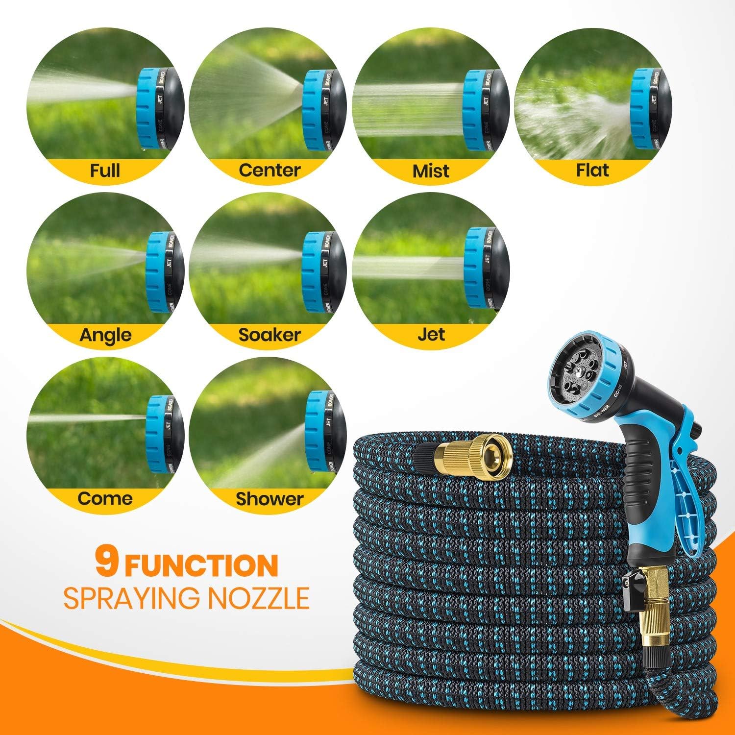 OCNESS Expandable Garden Hose, 75ft Lightweight Flexible Water Hose with 9 Function Spray Nozzle, 3/4" Solid Brass Fittings, Double Latex Core, Durable Fabric, Expanding Hose for Lawn Car Pet Washing : Garden & Outdoor