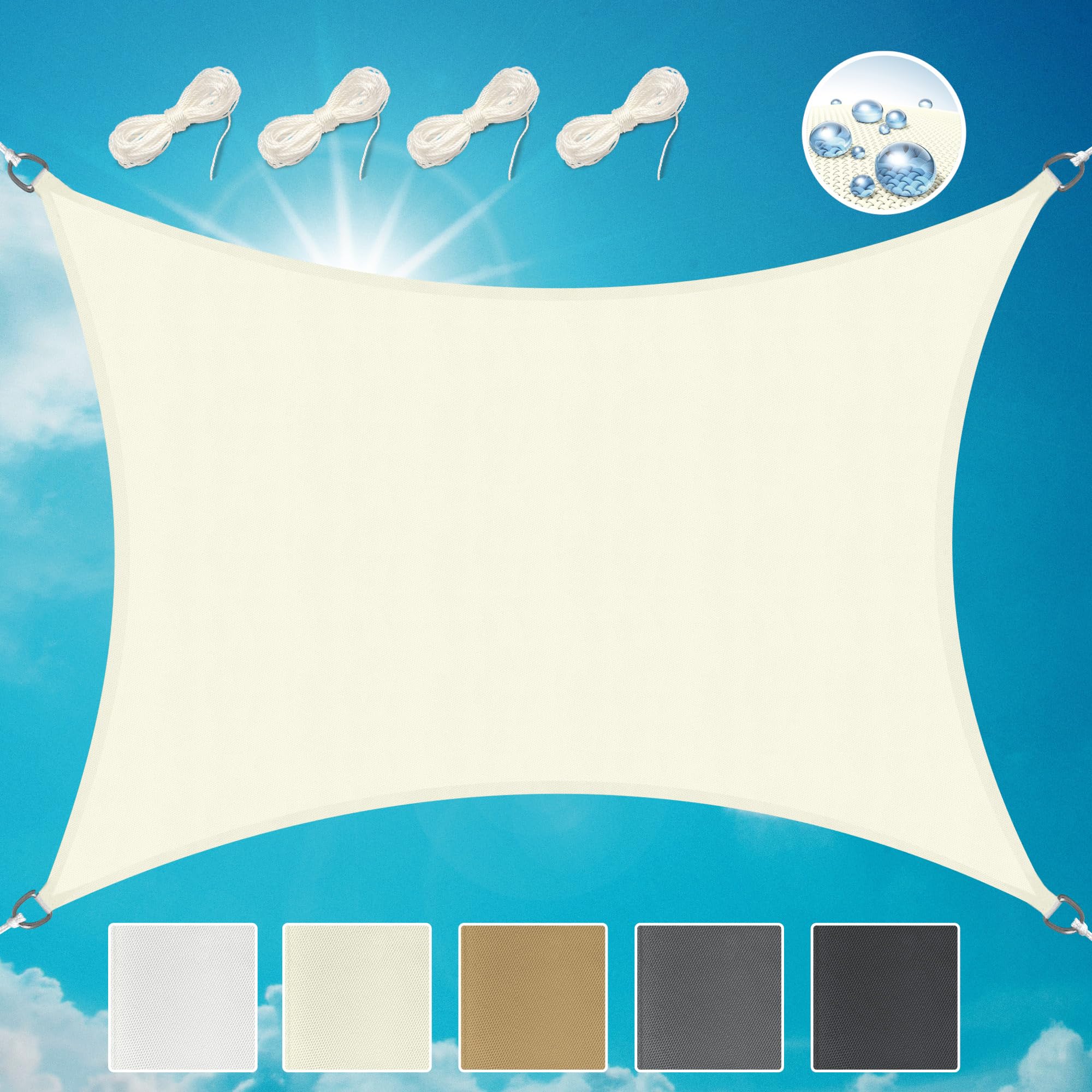 Sol Royal Rectangular Sun Shade Sail 4x3 m PES Breathable & UV-light resistant Sun Shades for Garden Sail Canopy Waterproof Terrace Balcony & Pool - 400x300 cm Creme - SolVision PS9