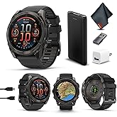 Garmin Fenix 8 51MM AMOLED Sapphire Premium Multisport GPS Smartwatch Carbon Gray DLC Titanium with Gray Silicone Band, Built-in LED Flashlight, Health & Fitness Smart Watch Bundle for Men & Women