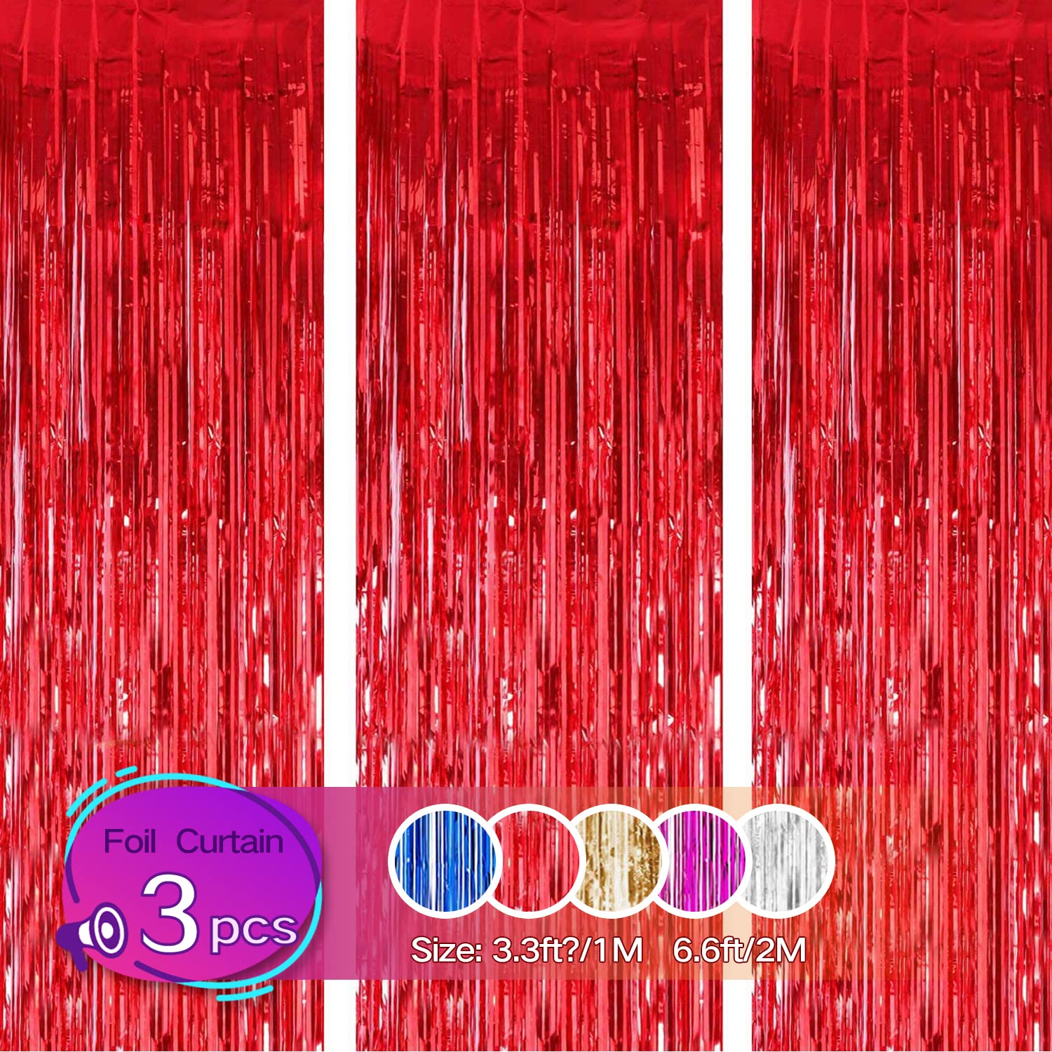 Gulaey Foil Fringe Curtain 1m x 2m, 3 Packs Metallic Tinsel Curtain Birthday Decorations, Foil Curtain for Birthday Graduation Wedding Engagement Bridal Shower Bachelorette Holiday Party（Red）