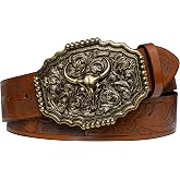Barry.Wang Western Cowboy Belt Golden Bull Brown Embossed Leather Buckle | Golden Bull Buckle Brown Strap Vintage Western Removable Snap Adjustable Genuine Leather Unisex Cowgirl Rodeo Gifts Jeans