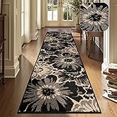 Findosom Hallway Runner Rug 2x8, Non Slip High-Low Textured Floral Washable Runner Rug with Rubber Backing, Boho Carpet Runner for Kitchen, Entryway, Bedroom, Laundry, Black & Beige