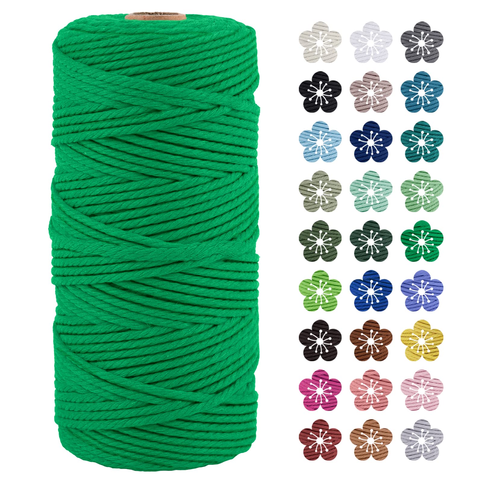 LEREATI Macrame Cord 3mm x 100m, Thick Macrame Rope Natural Cotton Rope Craft String, 4 Strand Twisted Cotton Cord Yarn for DIY Plant Hanger, Wall Hanging, Christmas Decoration (Green)