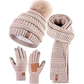Womens Winter Beanie Scarf Gloves Set, Pom Pom Hat with Warm Fleece Lined Long Knit Scarf Touchscreen Gloves for Cold Weather